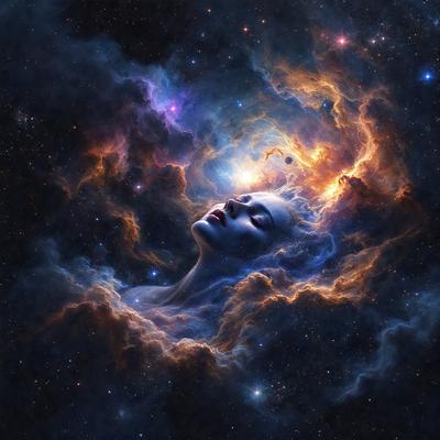 The primary subject of the image is a woman's face, which is the main focus of the scene. The setting is a space environment, with the woman's face floating in the middle of a cloudy, starry sky. The visual style is a digital art or illustration, creating a surreal and dreamy atmosphere. The colors and mood are predominantly dark and moody, with the woman's face being the only bright and prominent element in the scene.